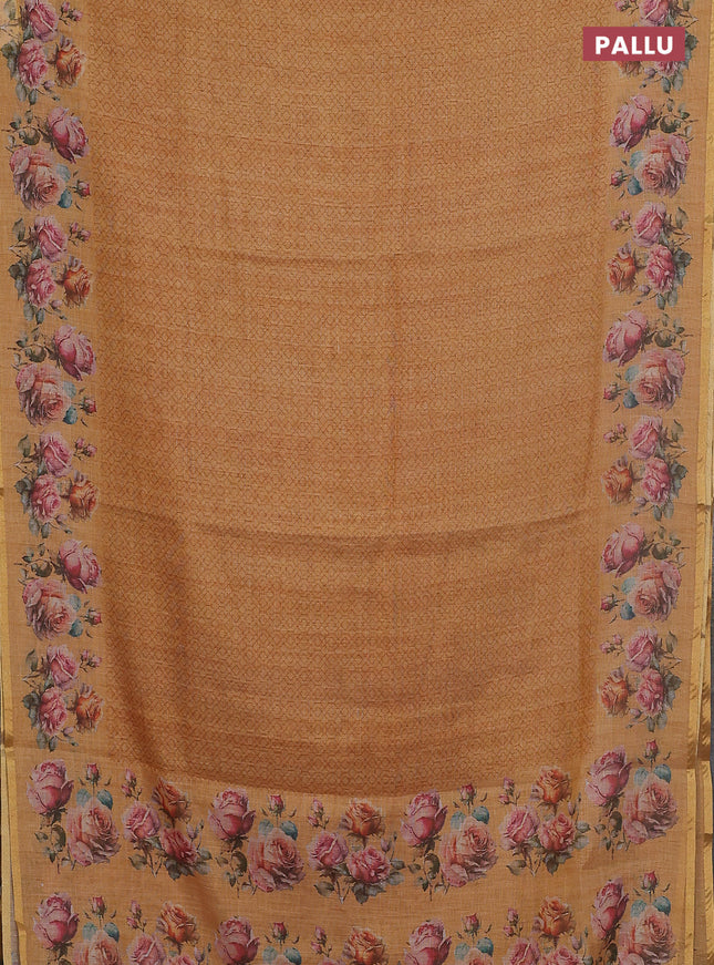 Linen cotton saree mustard yellow with allover prints and printed border