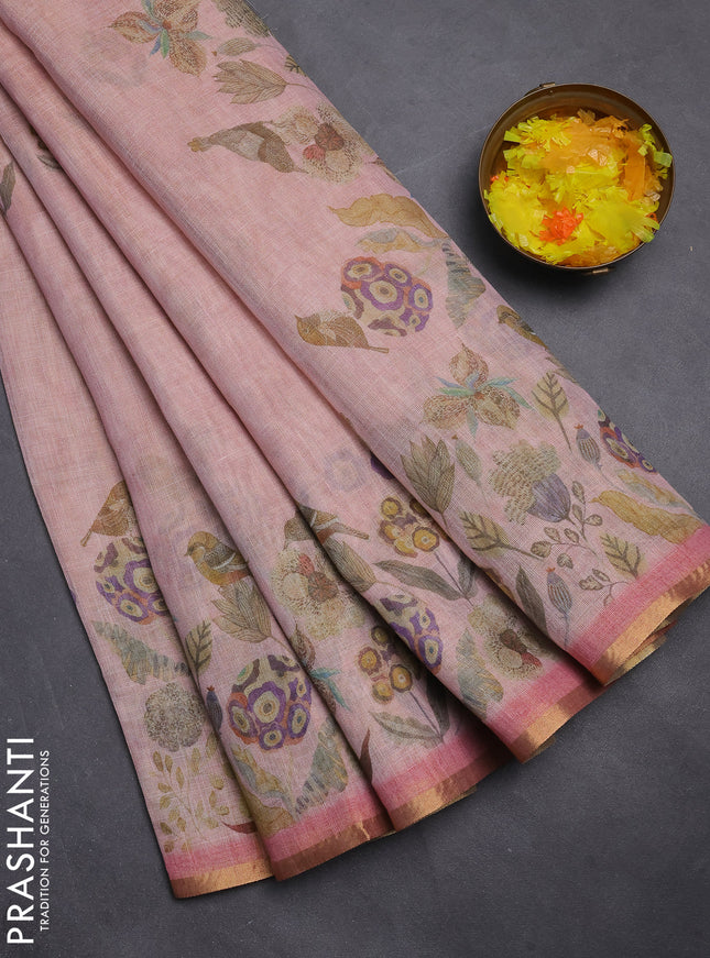 Linen cotton saree peach pink with butta prints and printed border