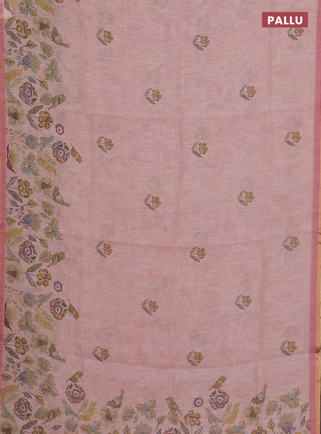 Linen cotton saree peach pink with butta prints and printed border