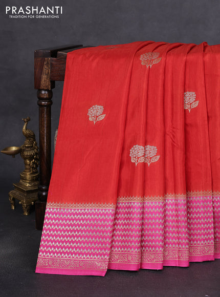 Semi raw silk saree orange and pink with silver & gold flower zari woven buttas and zari woven border