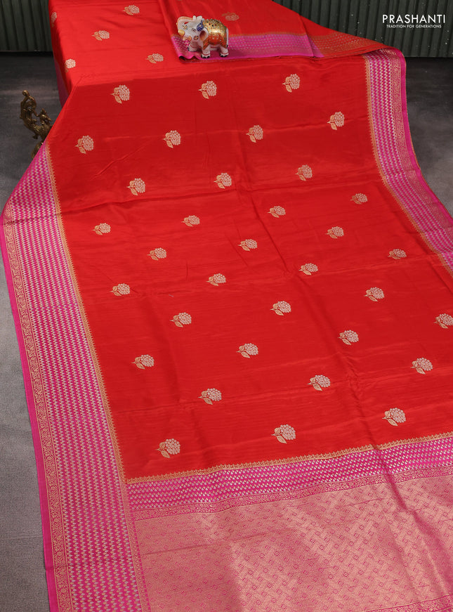Semi raw silk saree orange and pink with silver & gold flower zari woven buttas and zari woven border