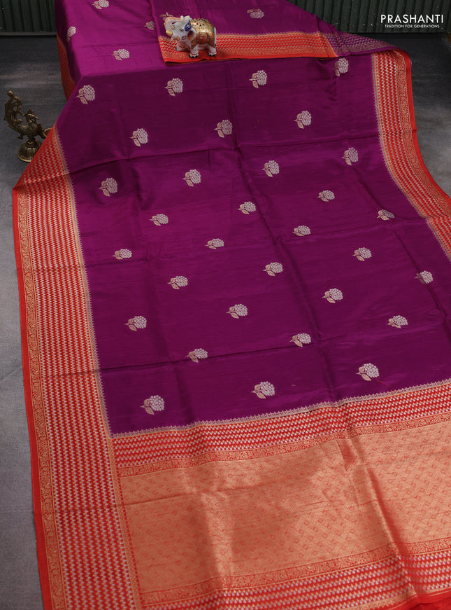Semi raw silk saree purple and orange with silver & gold flower zari woven buttas and zari woven border