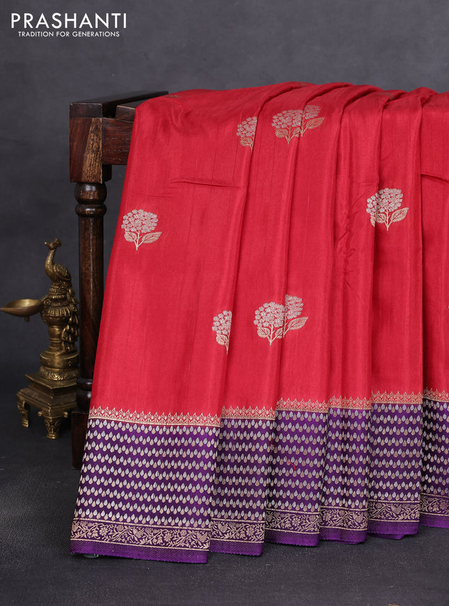 Semi raw silk saree red and violet with silver & gold flower zari woven buttas and zari woven border