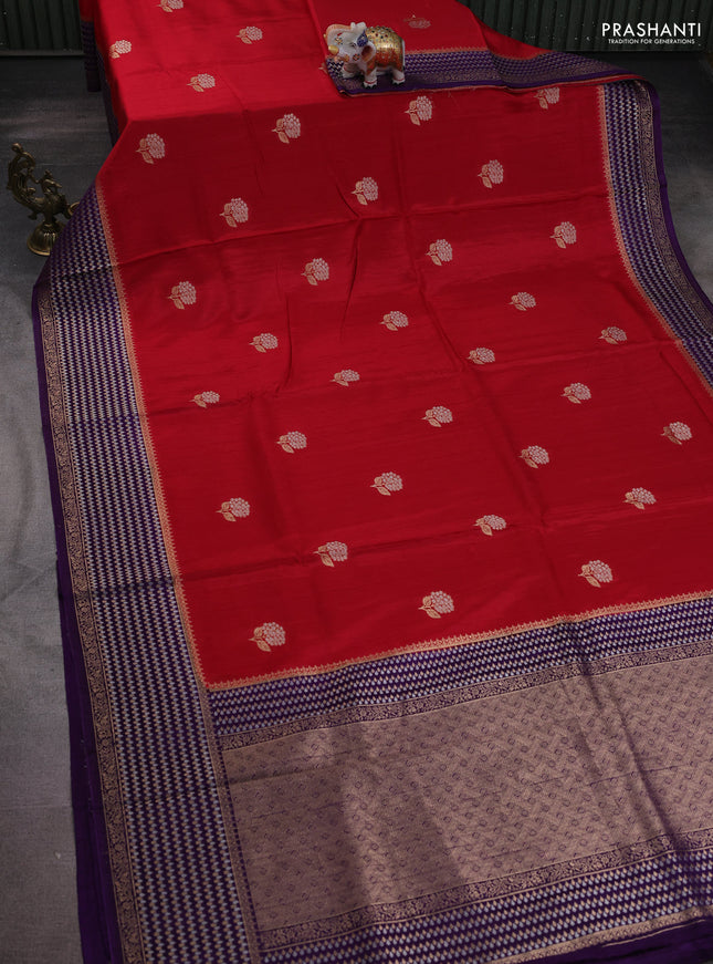 Semi raw silk saree red and violet with silver & gold flower zari woven buttas and zari woven border