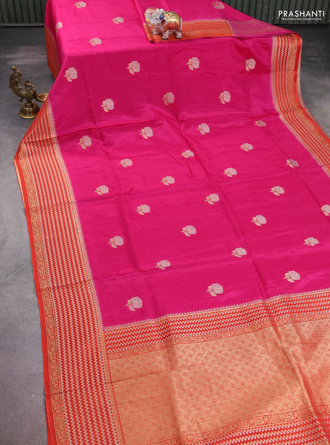 Semi raw silk saree pink and orange with silver & gold flower zari woven buttas and zari woven border