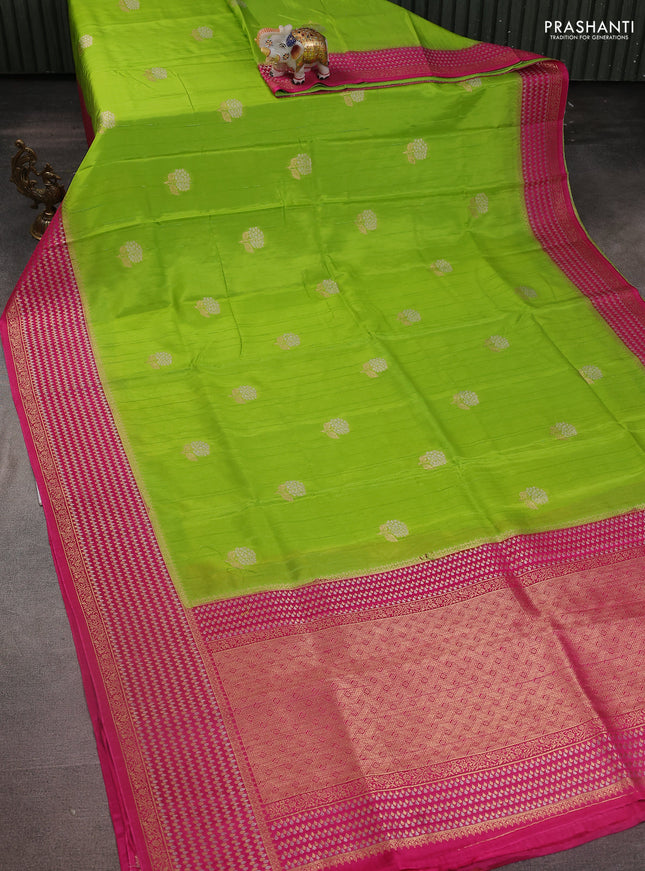 Semi raw silk saree light green and pink with silver & gold flower zari woven buttas and zari woven border