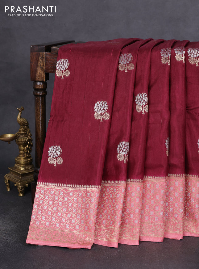 Semi raw silk saree maroon and peach shade with silver & gold zari woven buttas and zari woven border