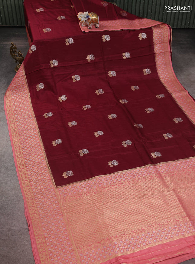 Semi raw silk saree maroon and peach shade with silver & gold zari woven buttas and zari woven border