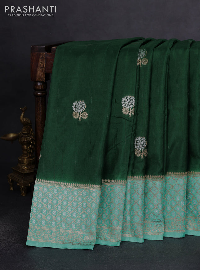 Semi raw silk saree green and teal green with silver & gold zari woven buttas and zari woven border