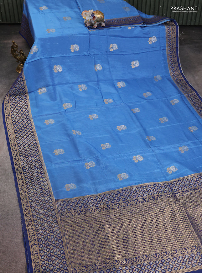 Semi raw silk saree blue shade and blue with silver & gold zari woven buttas and zari woven border