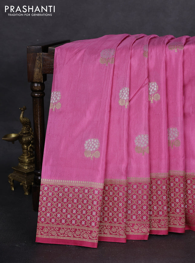 Semi raw silk saree light pink and pink with silver & gold zari woven buttas and zari woven border