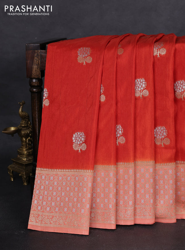 Semi raw silk saree orange and peach orange with silver & gold zari woven buttas and zari woven border