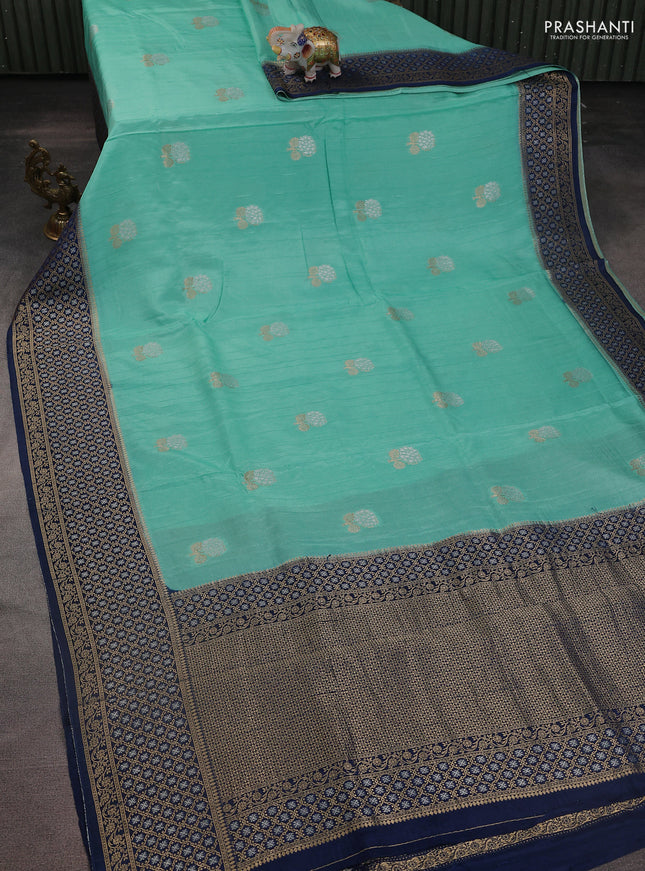 Semi raw silk saree teal blue and blue with silver & gold zari woven buttas and zari woven border