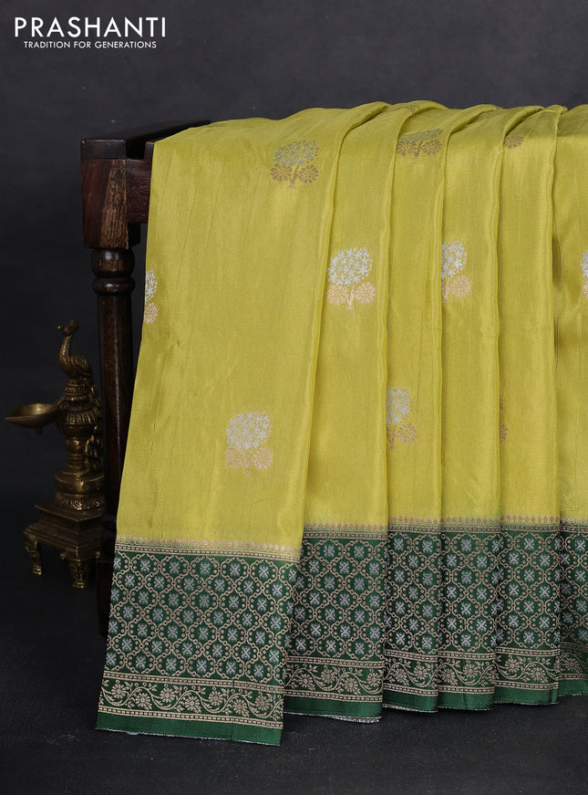 Semi raw silk saree Lime green and bottle green with silver & gold zari woven buttas and zari woven border