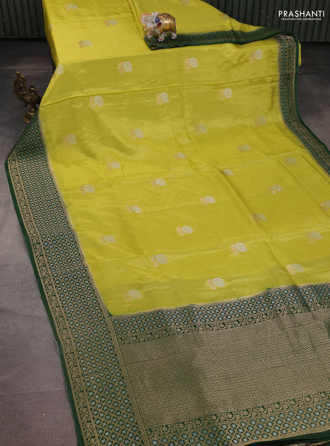 Semi raw silk saree Lime green and bottle green with silver & gold zari woven buttas and zari woven border