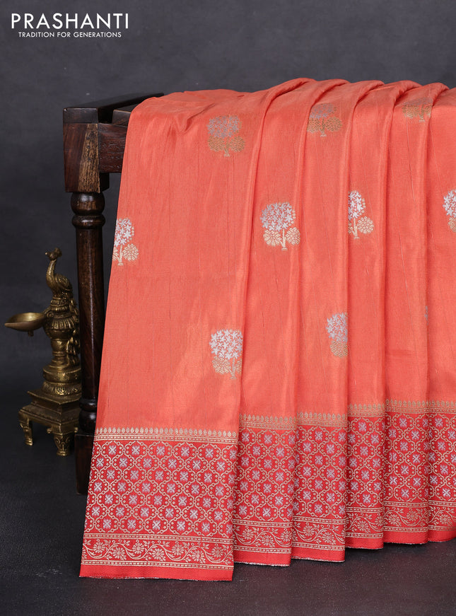 Semi raw silk saree peach orange and red with silver & gold zari woven buttas and zari woven border