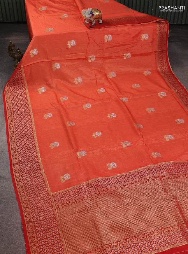 Semi raw silk saree peach orange and red with silver & gold zari woven buttas and zari woven border