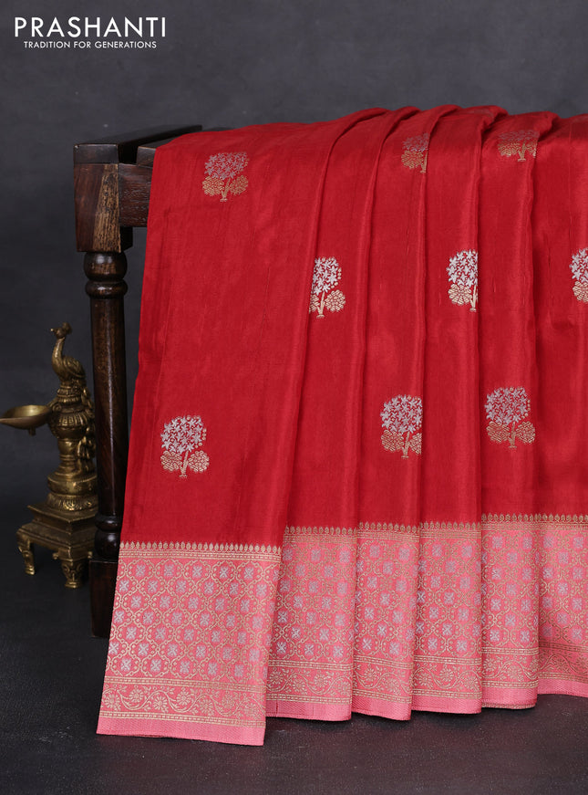 Semi raw silk saree red and peach pink with silver & gold zari woven buttas and zari woven border