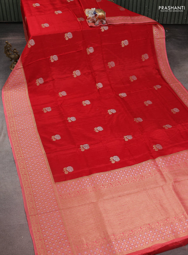 Semi raw silk saree red and peach pink with silver & gold zari woven buttas and zari woven border