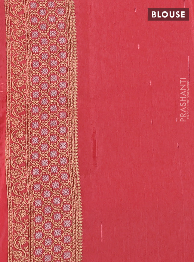Semi raw silk saree red and peach pink with silver & gold zari woven buttas and zari woven border
