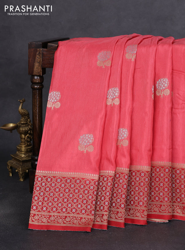 Semi raw silk saree peach pink and red with silver & gold zari woven buttas and zari woven border