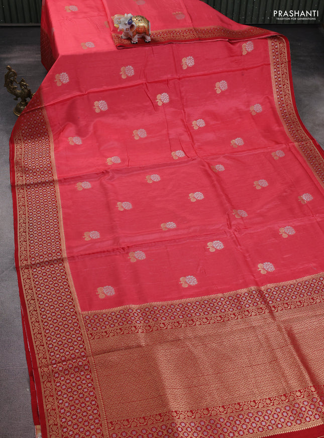 Semi raw silk saree peach pink and red with silver & gold zari woven buttas and zari woven border