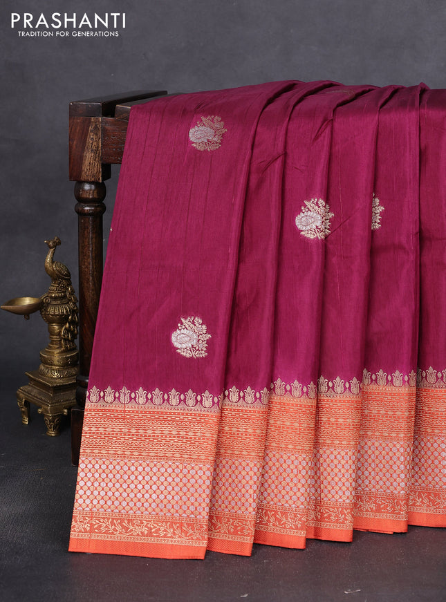 Semi raw silk saree maroon and orange with silver & gold flower zari woven buttas and zari woven border