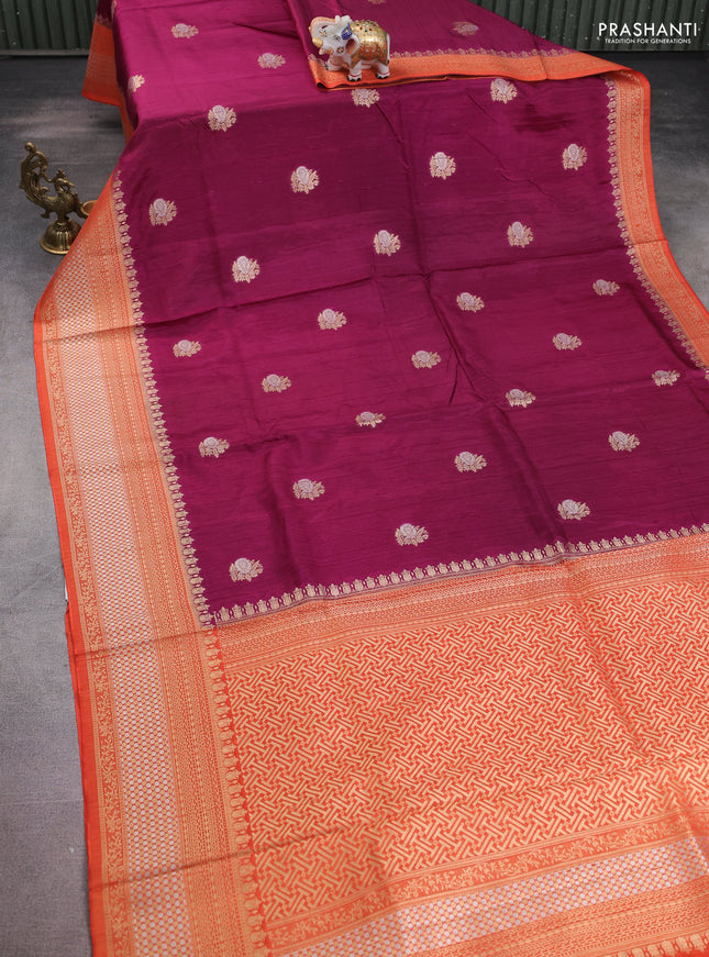 Semi raw silk saree maroon and orange with silver & gold flower zari woven buttas and zari woven border