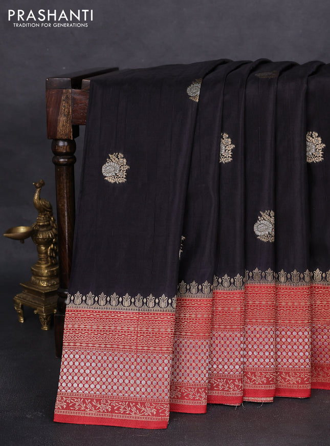 Semi raw silk saree black and maroon with silver & gold flower zari woven buttas and zari woven border