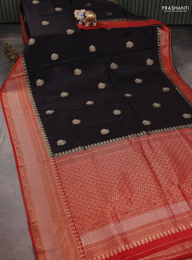 Semi raw silk saree black and maroon with silver & gold flower zari woven buttas and zari woven border