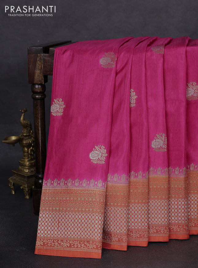 Semi raw silk saree pink and orange with silver & gold flower zari woven buttas and zari woven border