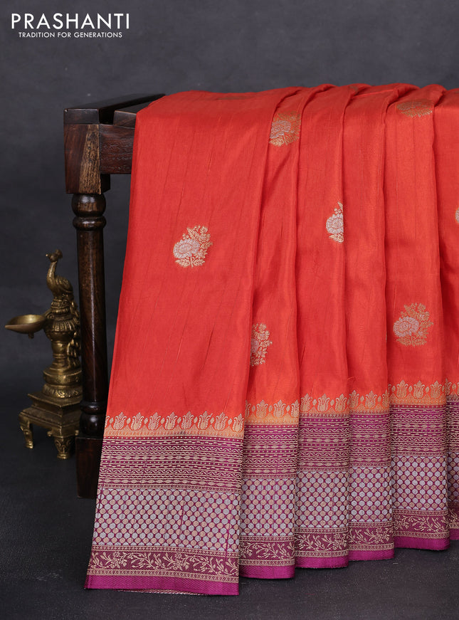 Semi raw silk saree peach orange and purple with silver & gold flower zari woven buttas and zari woven border