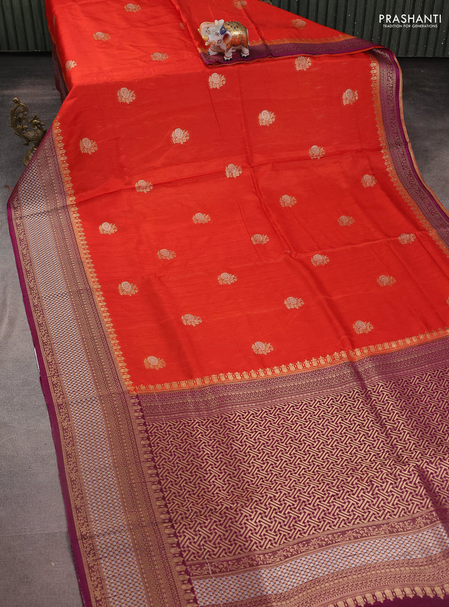 Semi raw silk saree peach orange and purple with silver & gold flower zari woven buttas and zari woven border