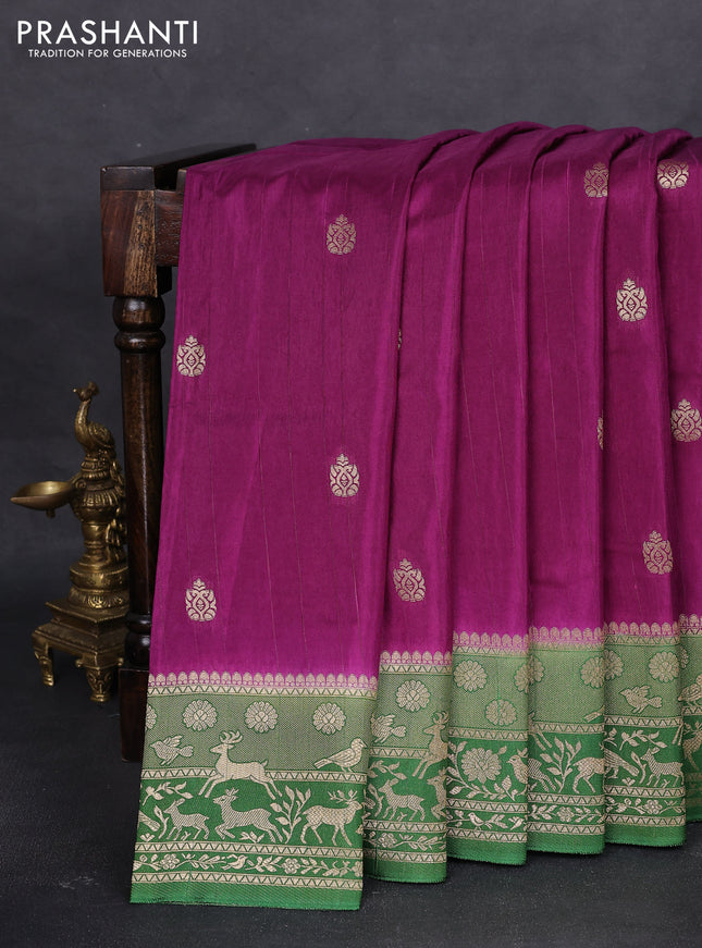 Semi raw silk saree purple and sap green with zari woven buttas and zari woven border