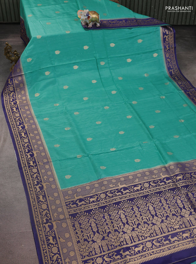 Semi raw silk saree teal blue and navy blue with zari woven buttas and zari woven border
