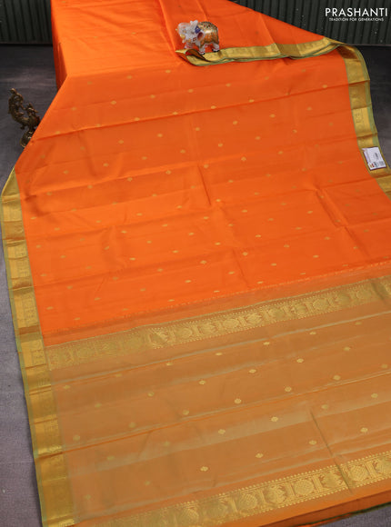 Pure kanchipuram silk saree orange and dual shade of pista green with zari woven buttas and rich zari woven border