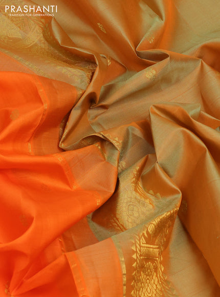 Pure kanchipuram silk saree orange and dual shade of pista green with zari woven buttas and rich zari woven border