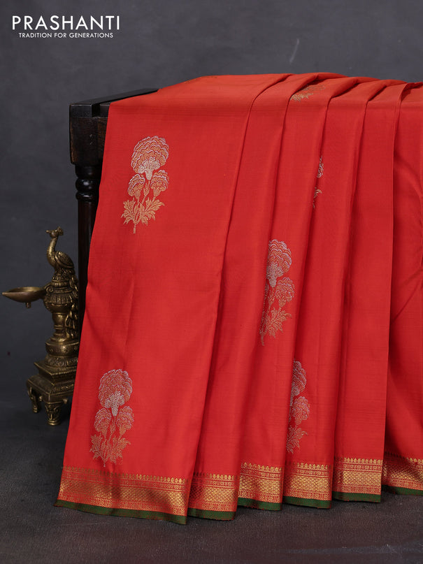 Pure kanchipuram silk saree orange and green with silver & gold zari woven buttas and zari woven border
