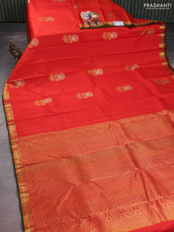 Pure kanchipuram silk saree orange and green with silver & gold zari woven buttas and zari woven border