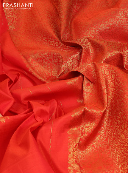 Pure kanchipuram silk saree orange and green with silver & gold zari woven buttas and zari woven border