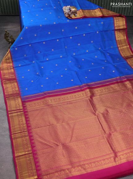 Pure kanchipuram silk saree blue and pink with annam zari woven buttas and temple design zari woven border
