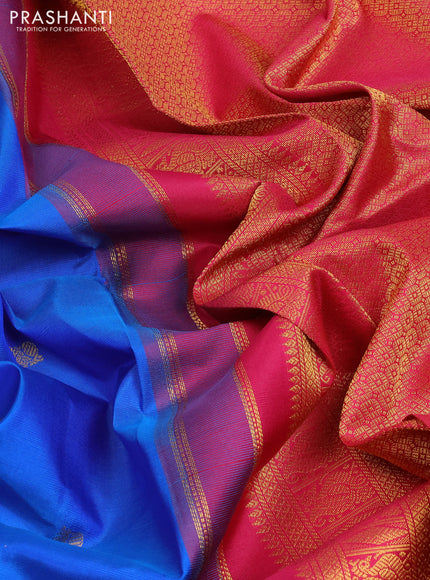 Pure kanchipuram silk saree blue and pink with annam zari woven buttas and temple design zari woven border