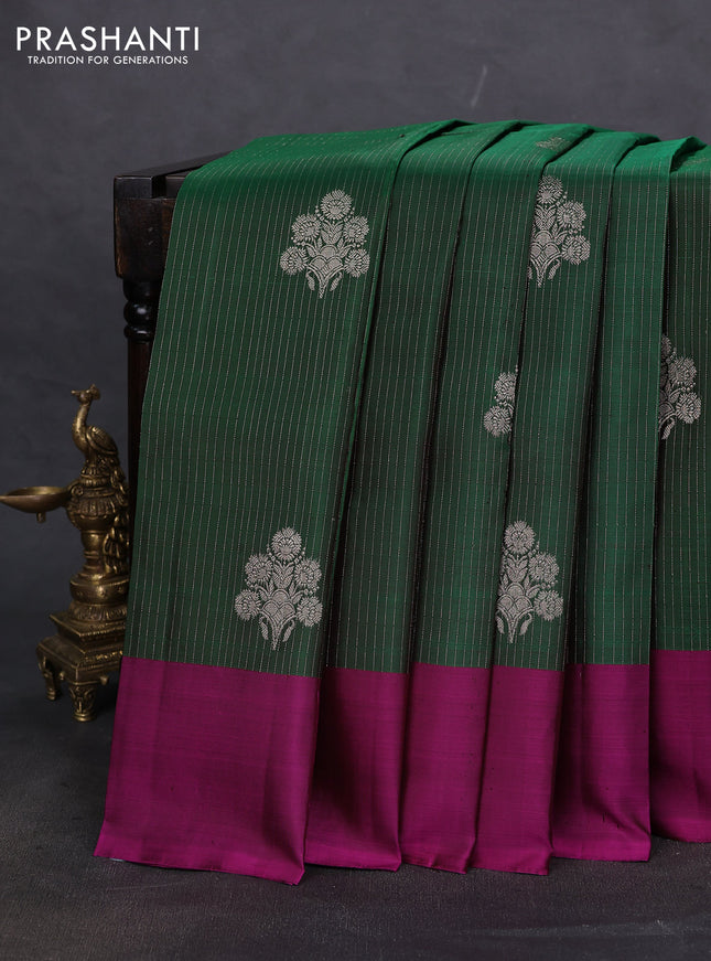 Pure kanchipuram silk saree green and purple with allover silver weaves & buttas and simple border