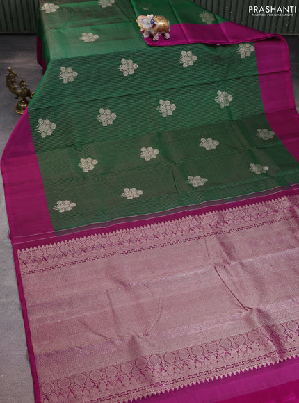 Pure kanchipuram silk saree green and purple with allover silver weaves & buttas and simple border