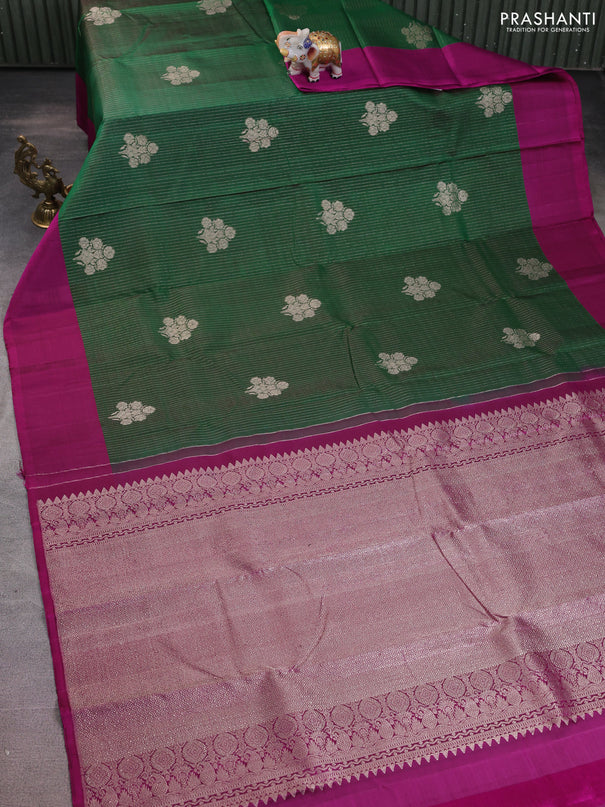Pure kanchipuram silk saree green and purple with allover silver weaves & buttas and simple border