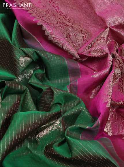 Pure kanchipuram silk saree green and purple with allover silver weaves & buttas and simple border