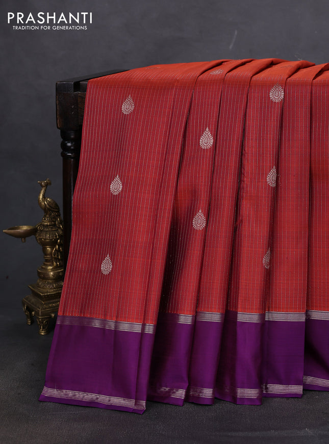 Pure kanchipuram silk saree rust ahade and purple with allover silver weaves & buttas and rettapet silver zari woven border