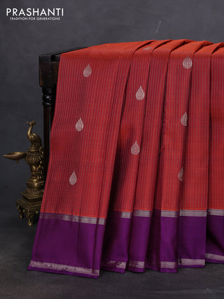 Pure kanchipuram silk saree rust ahade and purple with allover silver weaves & buttas and rettapet silver zari woven border