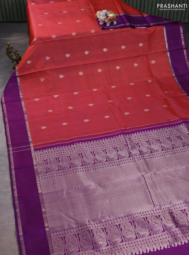Pure kanchipuram silk saree rust ahade and purple with allover silver weaves & buttas and rettapet silver zari woven border