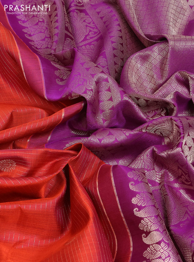 Pure kanchipuram silk saree rust ahade and purple with allover silver weaves & buttas and rettapet silver zari woven border